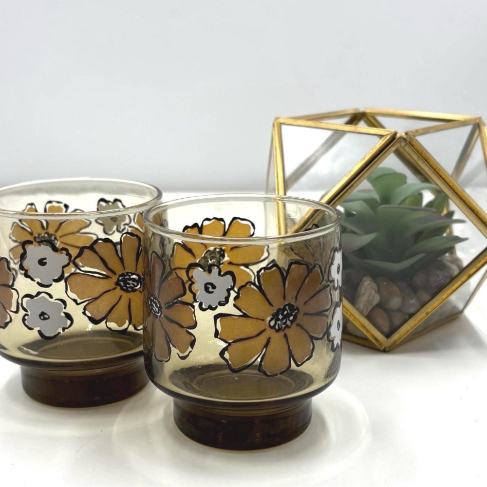 Libbey Glass Camilla Tawny Brown Juice Lowball Glasses, Brown and White Flowers